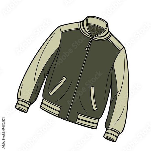 A stylized, slightly angled illustration features a varsity jacket. The jacket has a dark olive-green body with light beige sleeves. Ribbed cuffs and waistband display white stripes. The jacket is but