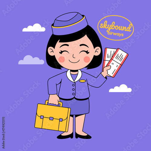 A friendly flight attendant stands ready to assist passengers, holding travel documents while exuding a welcoming atmosphere and professionalism in airline service.