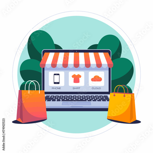 This image illustrates a laptop displaying an e-commerce store interface, flanked by vibrant shopping bags, symbolizing online shopping and digital commerce.