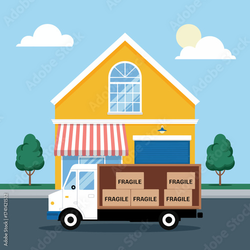 This brightly colored illustration features a delivery truck parked outside a charming house, representing the themes of home, logistics, and community in a cheerful visual setting.