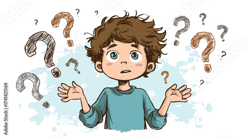 Inquisitive Young Boy Surrounded by Playful Question Marks Cartoon Character