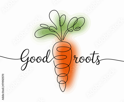 An elegant line drawing of a carrot combined with the phrase 'Good Roots', promoting healthy living, organic food choices, and a fresh perspective on nutrition.
