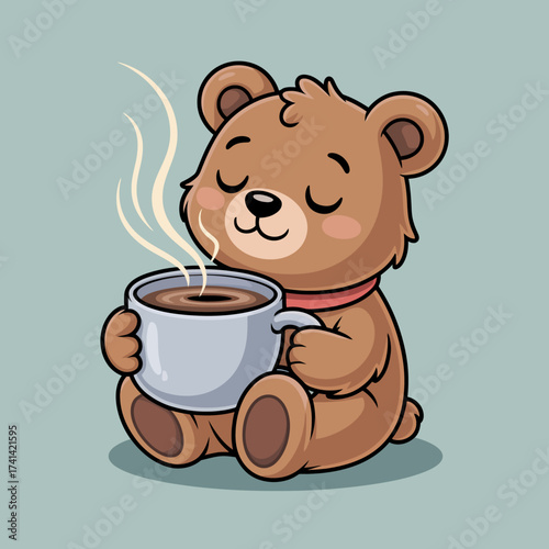 A charming little bear enjoying a warm cup of coffee, radiating comfort and contentment, capturing the essence of cozy moments and delightful simplicity in life.