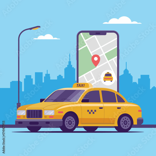 This engaging illustration showcases a yellow taxi cab parked beside a smartphone displaying a digital map, emphasizing the convenience of modern transportation and navigation.
