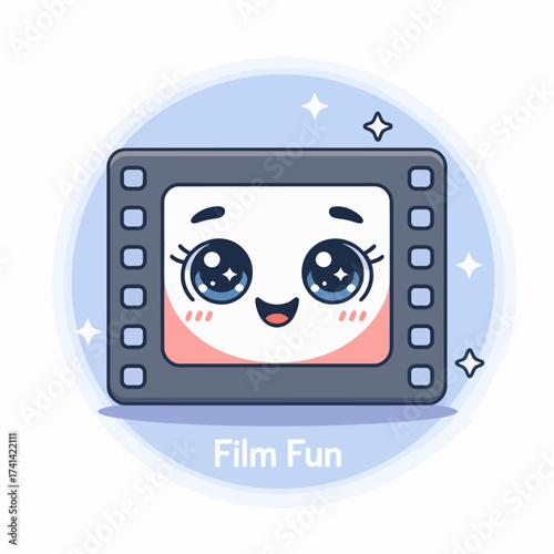 A vibrant cartoon film icon is smiling with sparkling eyes, celebrating the joy of cinema and entertainment, making it ideal for movie-related themes and promotions.