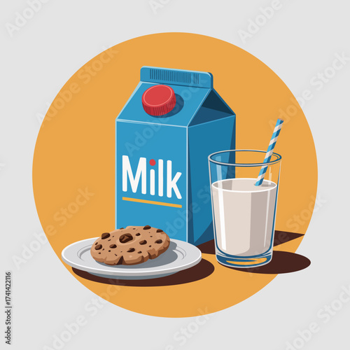 This playful illustration depicts a carton of milk beside a delicious cookie, evoking nostalgia and comfort, ideal for branding in the food industry or dessert products.