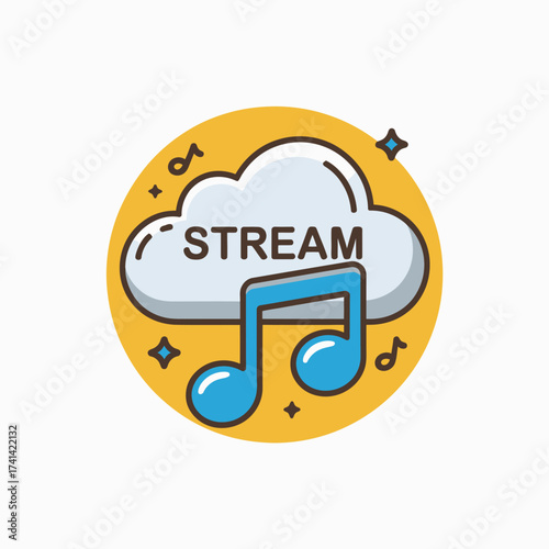 An imaginative illustration of a cloud with musical notes below the word 'STREAM', promoting digital streaming and the joy of enjoying music anytime, anywhere.