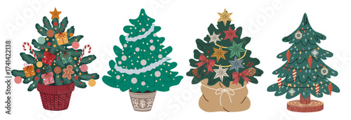 Set of decorated Christmas trees with ornaments, gifts, stars, and garlands in pots and baskets. Cozy festive flat vector illustration perfect for holiday cards, posters, and decor