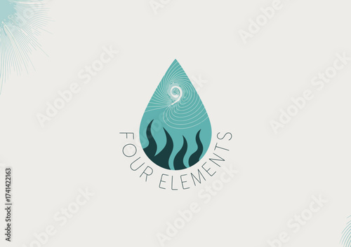 A modern and minimalistic logo representing the four natural elements incorporated into a single droplet design, symbolizing balance and harmony in nature and the universe.