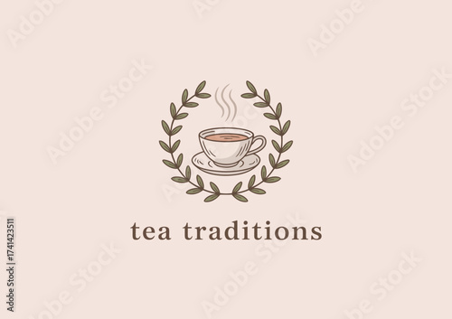 An elegant tea cup surrounded by a natural wreath design, representing tradition and warmth, ideal for a tea brand emphasizing heritage and quality in their beverages.