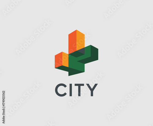 A contemporary 3D logo design representing a cityscape with geometric shapes, symbolizing urban growth, architecture, and modern living in a visually striking manner.