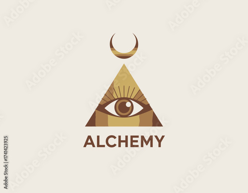 An intricate logo showcasing an alchemical eye within a pyramid and crescent moon, representing mystery, enlightenment, and transformation in a visually striking design.