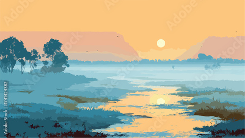 Tranquil Sunrise Misty River Landscape Vector