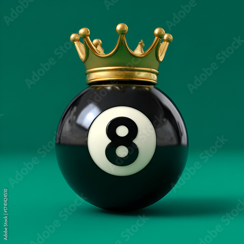 A crowned eight ball symbolizing victory and championship in billiards or pool games.