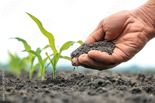 A hand holding rich soil gently nurturing young green corn plants in a thriving agricultural field.
