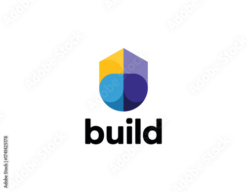A contemporary geometric logo representing construction and building services, utilizing bold colors and shapes to convey strength, innovation, and robust design principles.