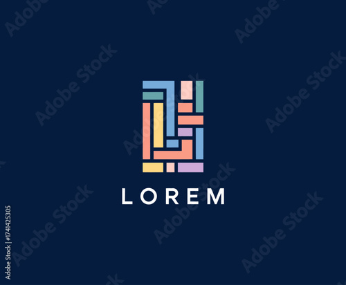 This image depicts a colorful geometric logo for Lorem, incorporating bright, abstract shapes that represent creativity, diversity, and modern branding design.