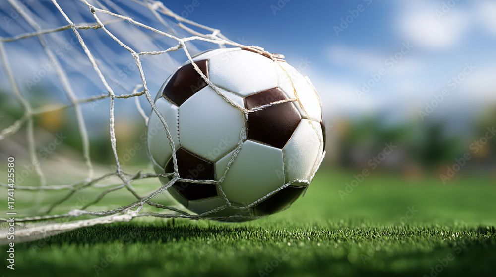 Naklejka premium A soccer ball flies into the net, causing the mesh to stretch in tension. The backdrop features a green grass field under a clear blue sky, capturing an exciting moment in the game