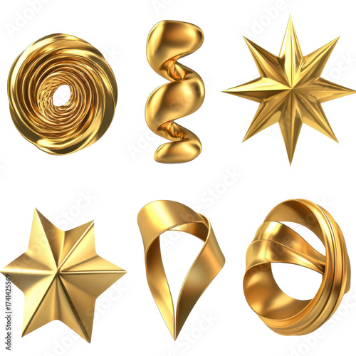 Collection of six abstract golden metallic 3d rendered decorative ornaments and shapes isolated on transparent background