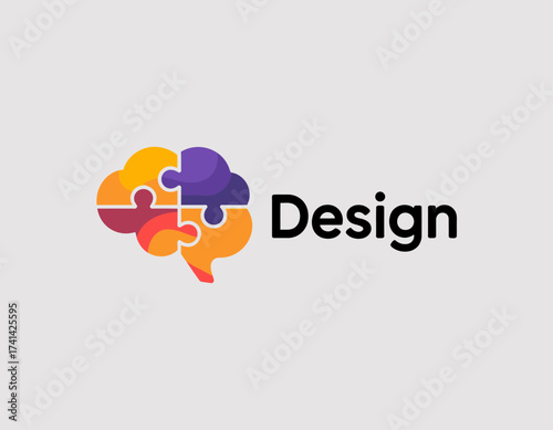 This image showcases a colorful logo of a brain formed by puzzle pieces, symbolizing creativity, intelligence, and collaboration in the field of design and innovation.