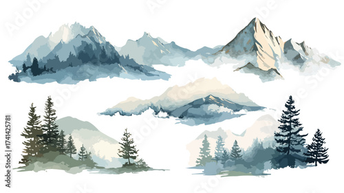 Watercolor Mountainous Landscape Vector Illustration