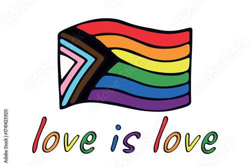 Colorful Lgbtq progress pride flag Happy pride day LGBTQ community Pride Month Vector hand drawn doodle for posters, stickers, logo, cards