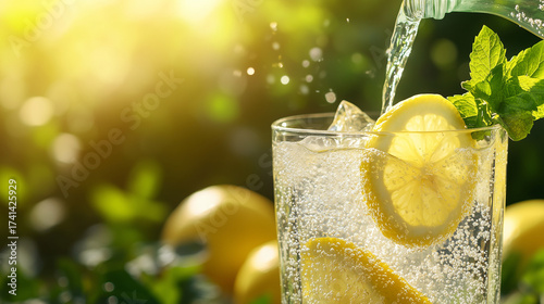 Lemon spritzer being poured into a glass with mint and lemon slices  