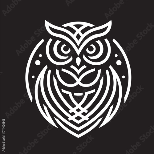 Owl head on black background. Tattoo idea. Symbol of wisdom