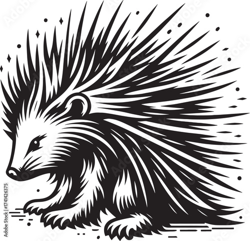 Hedgehog. Black and white engraved ink art. Isolated on white background