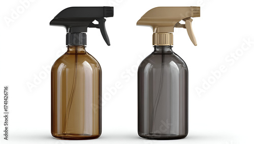 Two spray bottles in dark amber and black, perfect for cleaning products and household use in modern settings.