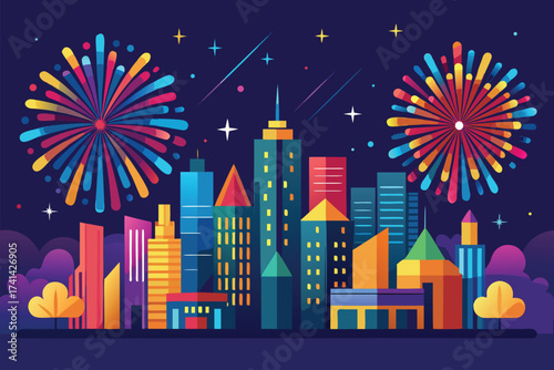 Modern city skyline illuminated at night with tall buildings, bright fireworks, and festive decorations, symbolizing urban lifestyle, New Year celebrations, parties, and events.