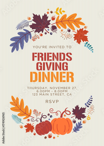 Friendsgiving dinner invitation design template 
for Thanksgiving day party with fall leaves background, pumpkins, leaves, acorns, berries, plants, 
colorful autumn leaves, set