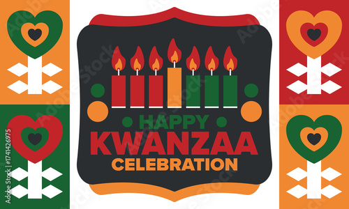Kwanzaa Happy Celebration. African and African-American culture holiday. Seven days festival, celebrate annual from December 26 to January 1. Black history. Poster, card, banner and background. Vector