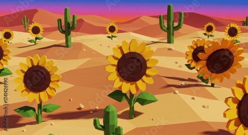 Low poly desert landscape with sunflowers and cacti against a vibrant sky