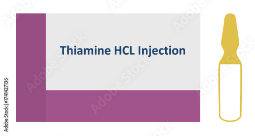 Illustration of Thiamine HCL Injection ampoule, used in medical treatment of vitamin B1 deficiency, alcoholism-related disorders, and neurological conditions. Healthcare and education concept.
