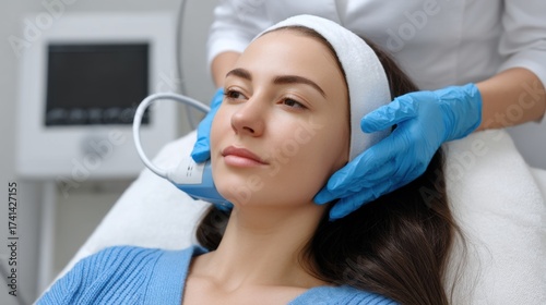 Cosmetic procedure in action: young woman undergoing radiofrequency skin tightening treatment at a beauty clinic. 