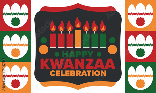 Kwanzaa Happy Celebration. African and African-American culture holiday. Seven days festival, celebrate annual from December 26 to January 1. Black history. Poster, card, banner and background. Vector