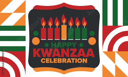 Kwanzaa Happy Celebration. African and African-American culture holiday. Seven days festival, celebrate annual from December 26 to January 1. Black history. Poster, card, banner and background. Vector