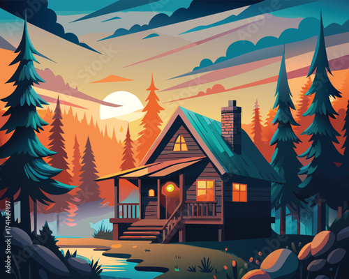 A Serene Cabin Retreat Amidst Towering Pines Under a Colorful Sky at Sunset With a Tranquil Stream