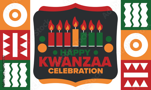 Kwanzaa Happy Celebration. African and African-American culture holiday. Seven days festival, celebrate annual from December 26 to January 1. Black history. Poster, card, banner and background. Vector
