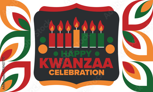 Kwanzaa Happy Celebration. African and African-American culture holiday. Seven days festival, celebrate annual from December 26 to January 1. Black history. Poster, card, banner and background. Vector