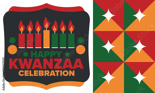 Kwanzaa Happy Celebration. African and African-American culture holiday. Seven days festival, celebrate annual from December 26 to January 1. Black history. Poster, card, banner and background. Vector