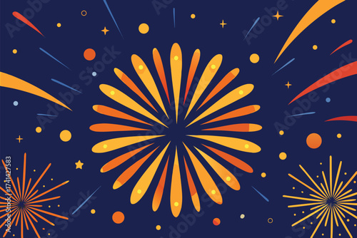 A festive night-sky scene featuring bold orange and yellow fireworks bursts with sparks and dots, creating a lively celebration mood perfect for holiday, party, and event themes.
