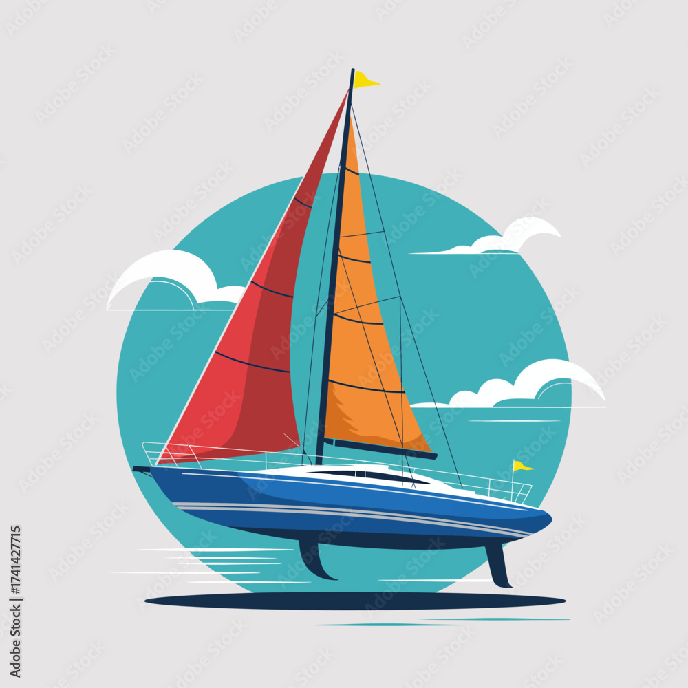 Fototapeta premium This image depicts a vibrant sailing boat navigating clear waters, embodying adventure, freedom, and the thrill of exploration in a stunning artistic representation.