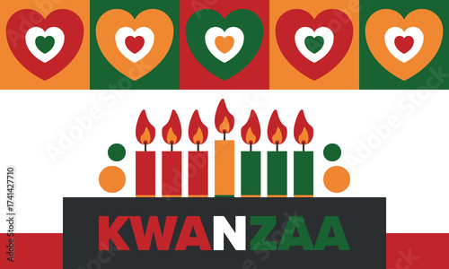 Kwanzaa Happy Celebration. African and African-American culture holiday. Seven days festival, celebrate annual from December 26 to January 1. Black history. Poster, card, banner and background. Vector