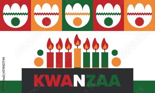 Kwanzaa Happy Celebration. African and African-American culture holiday. Seven days festival, celebrate annual from December 26 to January 1. Black history. Poster, card, banner and background. Vector