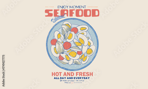 Fresh oyster bowl print. Oyster bowl print design. Seafood bowl vector artwork.
