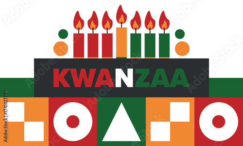 Kwanzaa Happy Celebration. African and African-American culture holiday. Seven days festival, celebrate annual from December 26 to January 1. Black history. Poster, card, banner and background. Vector
