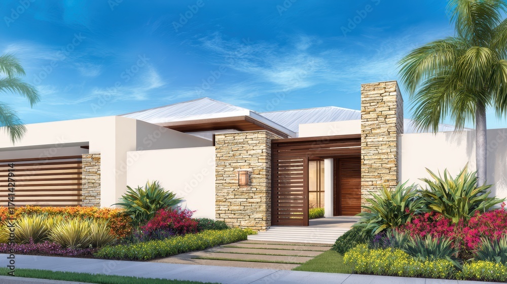 Fototapeta premium Modern architectural home entrance surrounded by vibrant landscaping under a clear blue sky