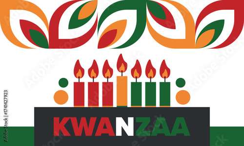 Kwanzaa Happy Celebration. African and African-American culture holiday. Seven days festival, celebrate annual from December 26 to January 1. Black history. Poster, card, banner and background. Vector